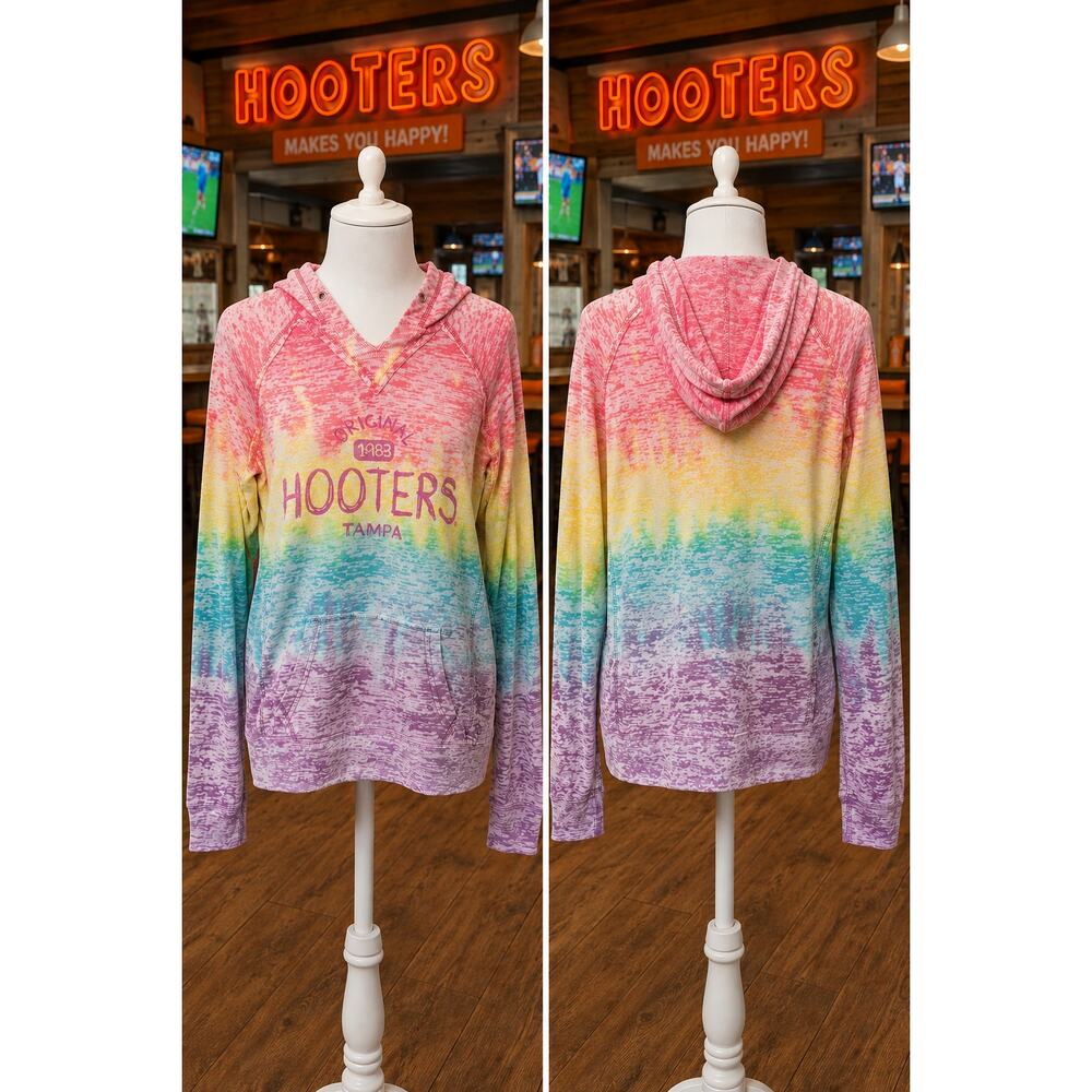 Vintage Hooters Tampa Rainbow Tie Dye Hoodie Women's Size L Y2K Pullover Rare